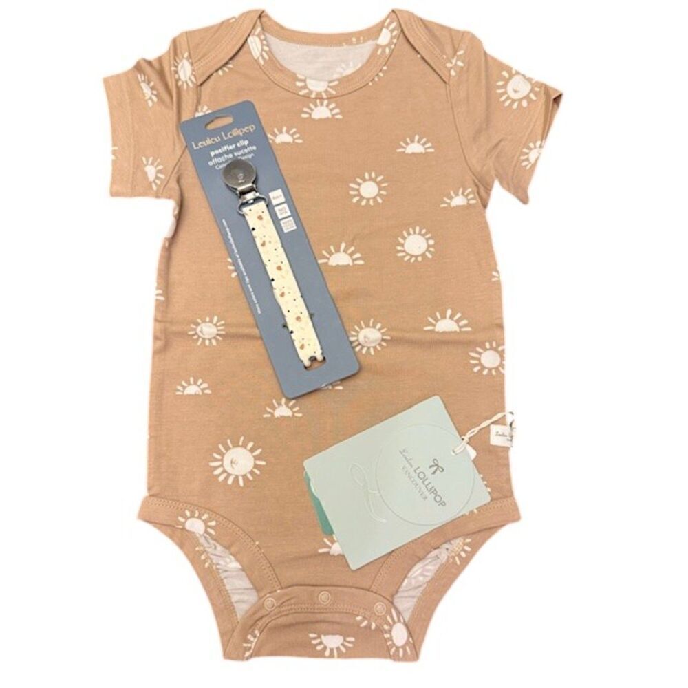NWT Loulou Lollipop Bodysuit and Beadless Paci Clip Sun Size 12-18 Months